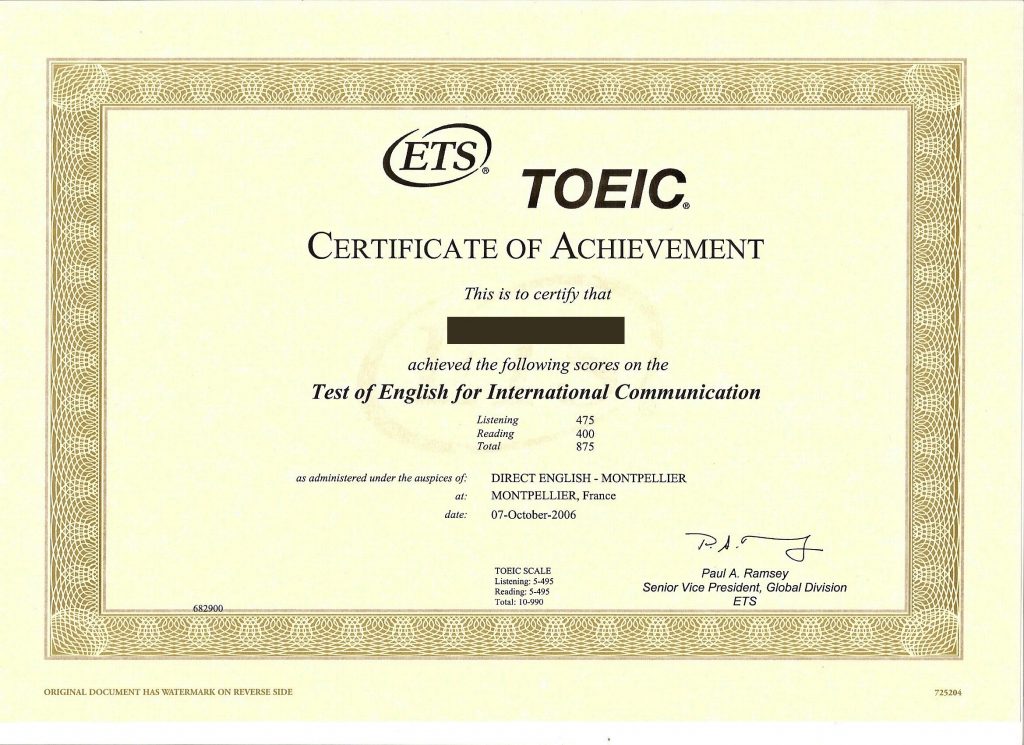Certificat de L'ETS du TOEIC